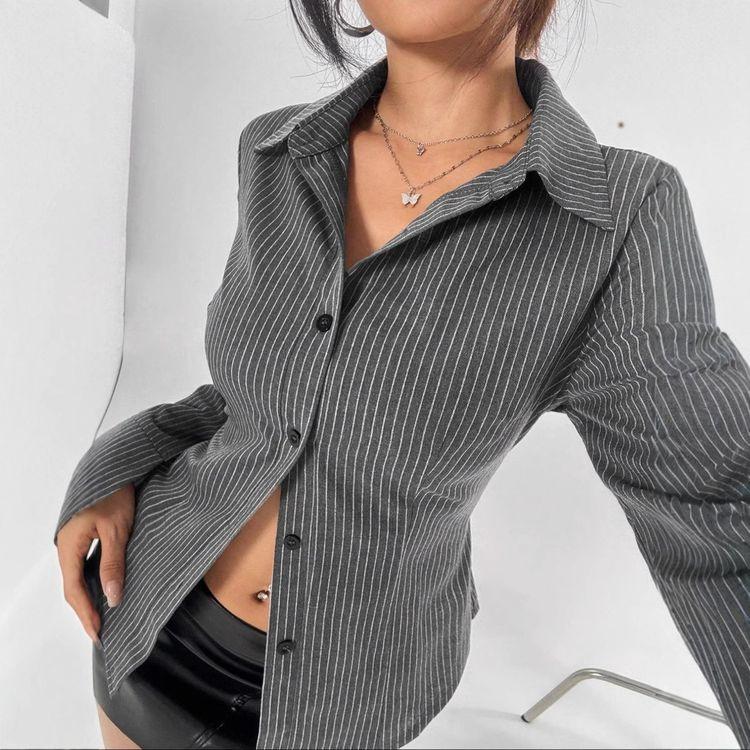 Women's Striped Button Down Long Sleeve Fitted Blouse Flare Sleeve Casual Shirt