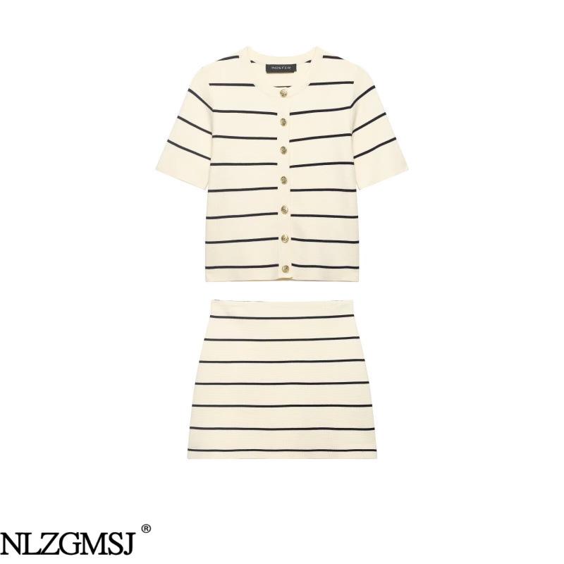 2026 Spring European-Style Striped Knit Cardigan with Half Skirt