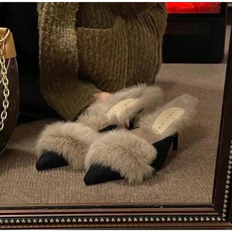 

Женские туфли на высоком каблуке Меховые тапочки Мюли Остроносые Пушистые Слайды Элегантные Роскошные Дизайнерские Вьетнамки Офисные Туфли-лодочки 39 чёрный