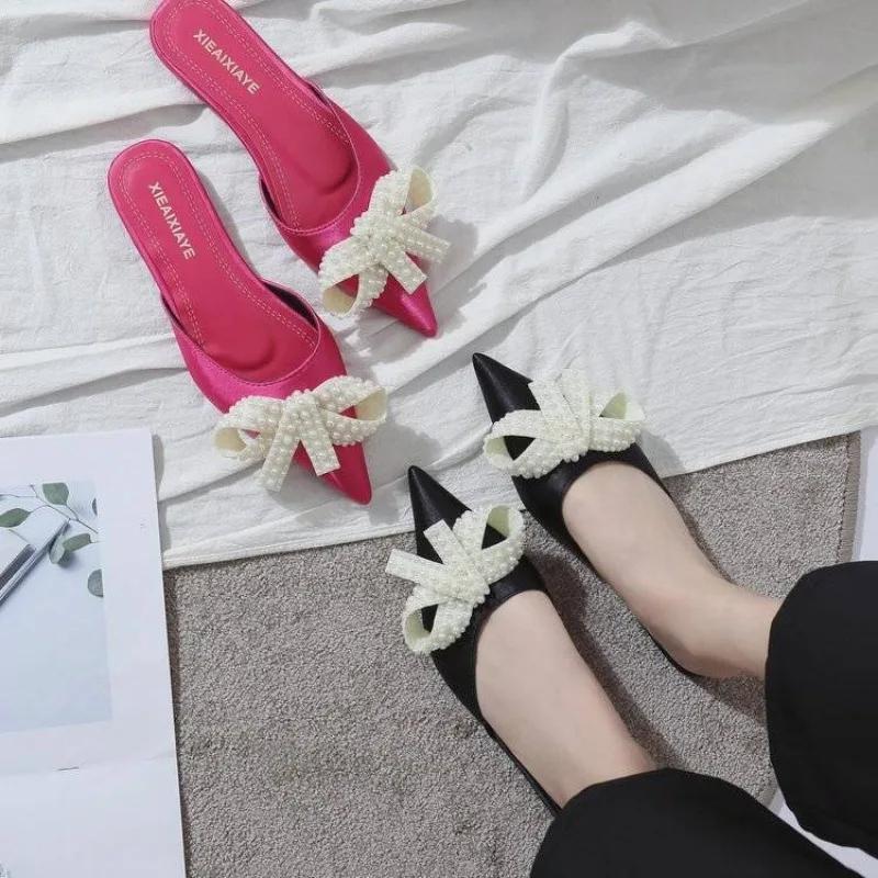 Fashion Women's Slippers and Ladies Sandals Pearl Flat Waterproof Casual Slides 2025 Trend Designer Luxury Small Size Stylish 39 Shoes