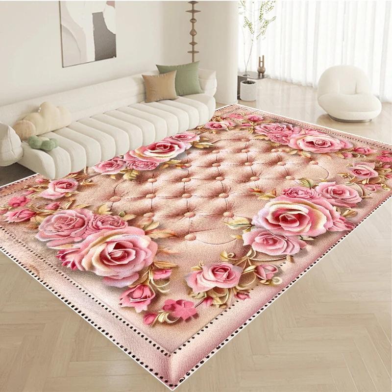 Nordic Luxury Pink Carpet Living Room Large Size Pastoral Flower Home Bedroom Rugs Washable Lounge Rug Hotel Lobby Floor Mats