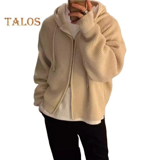 Suéter de otoño-invierno para hombre, abrigo con capucha, cordón, cierre de cremallera suelto, mangas largas, cordón, largo medio, color sólido, chaqueta de punto retro