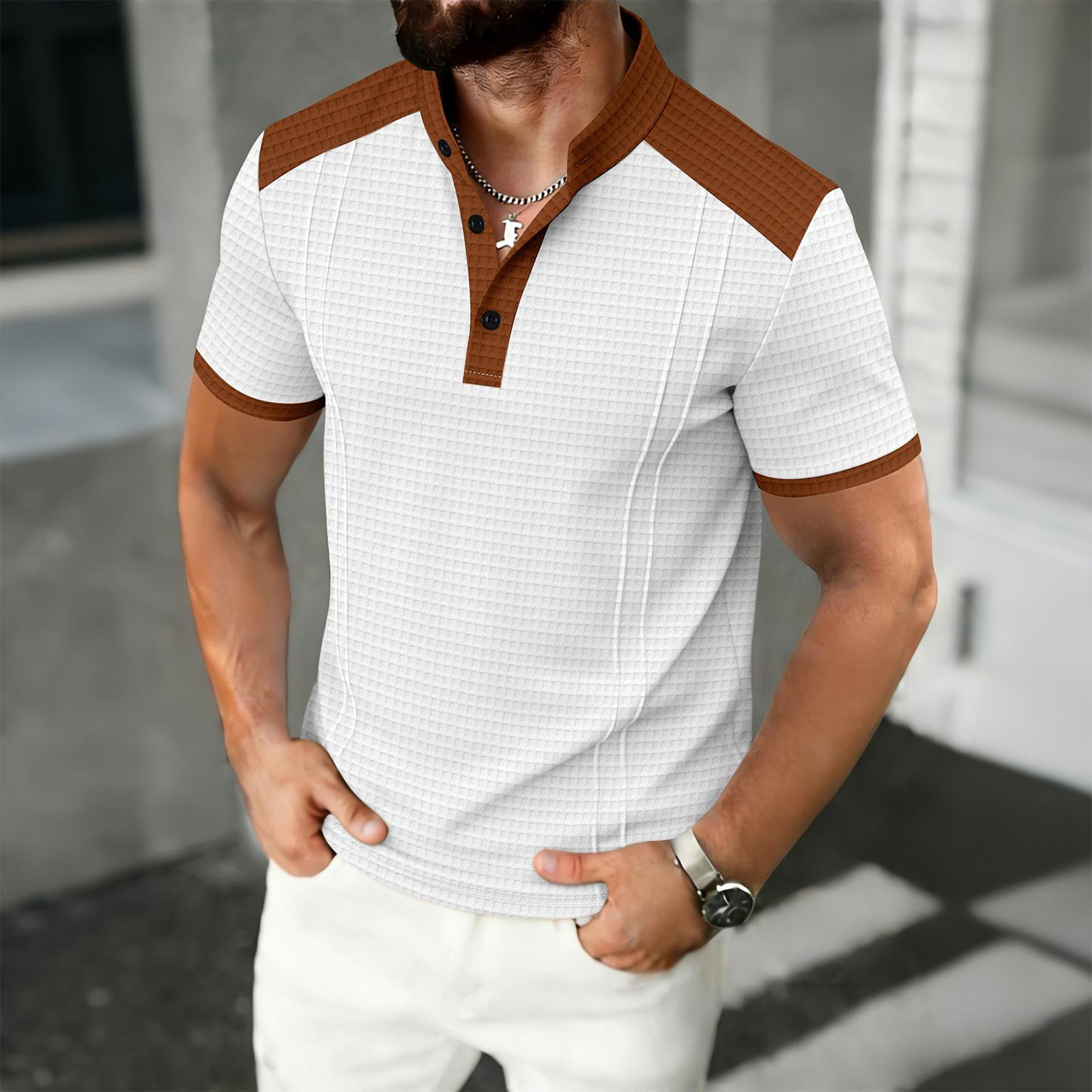 

Men s Color Blocked Stand Up Collar Single Breasted Shirt Men s Casual And Comfortable Short Sleeved Shirt XL білий
