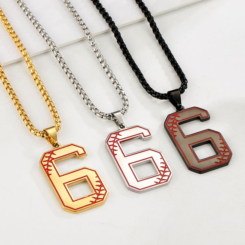 Lucky Number 0-9 Pendant Necklace Box Chain Baseball Sport Digital Stainless Steel Necklaces Casual Punk Jewelry for Men