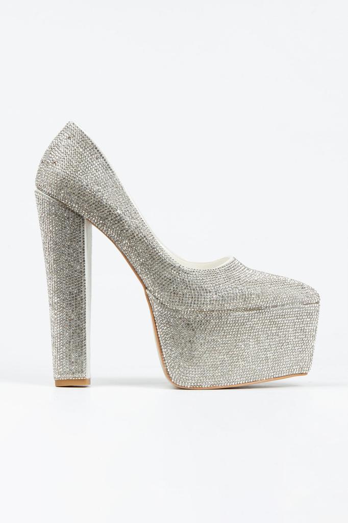 Women's Fashion Platinum Full Stone Classic Pointed Thick Heeled Pointed Platform Evening Dress Shoes For Party