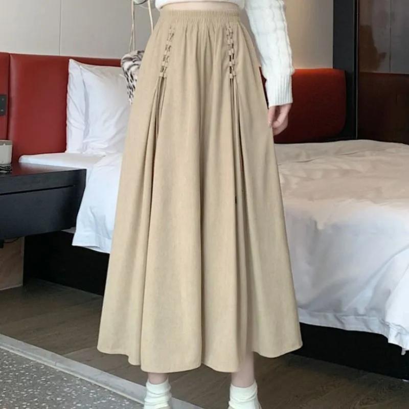Chenier Spódnica Midi Damska Nowa Jesień Wysoki Stan Wisząca Średniej Długości A-linia Duża Spódnica z Rozkloszowanym Dołem