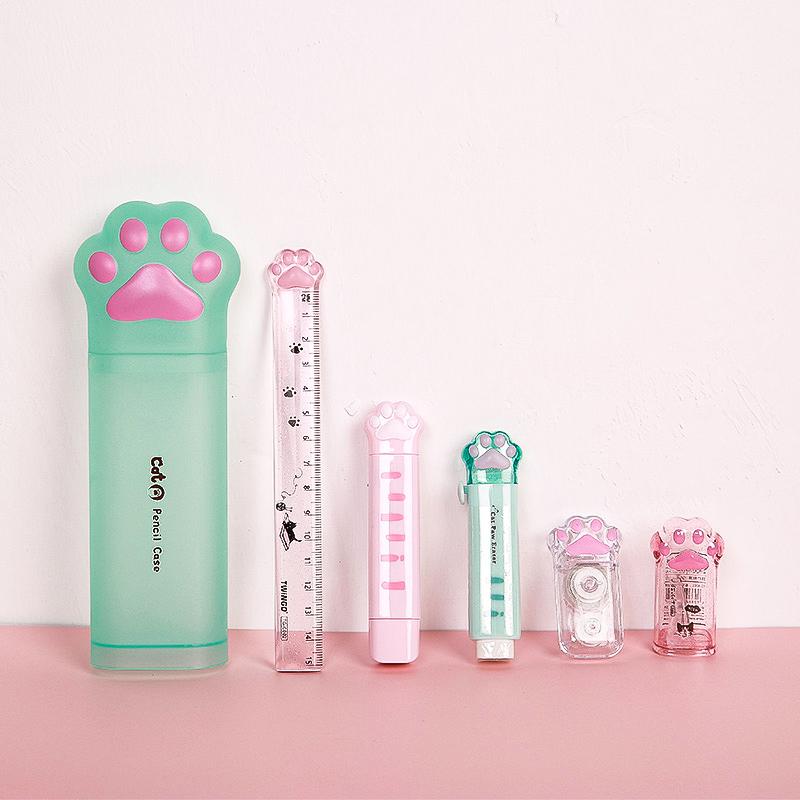 

Пенал с кошачьей лапой, милый канцелярский набор, точилка, корректирующая лента, кавайный ластик, линейка Papeleria, пенал, школьные принадлежности для K 1 set зелёный