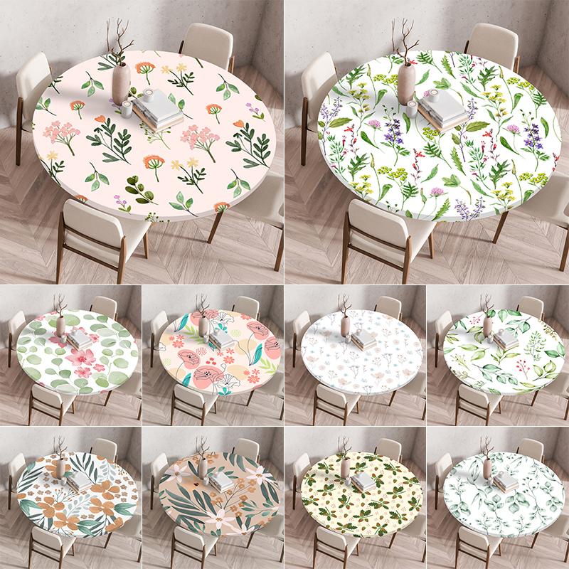 Round Vinyl Tablecloth Elastic Edge Flower Plant Printing PVC Table Cover Waterproof Home Kitchen Picnic Table Cloth