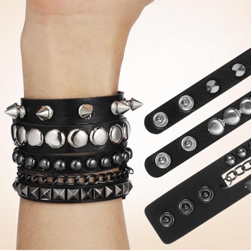 European & American Multilayer Wide Leather Bracelet with Punk Spikes & Rivets, Men's Hip Hop Beaded Jewelry.