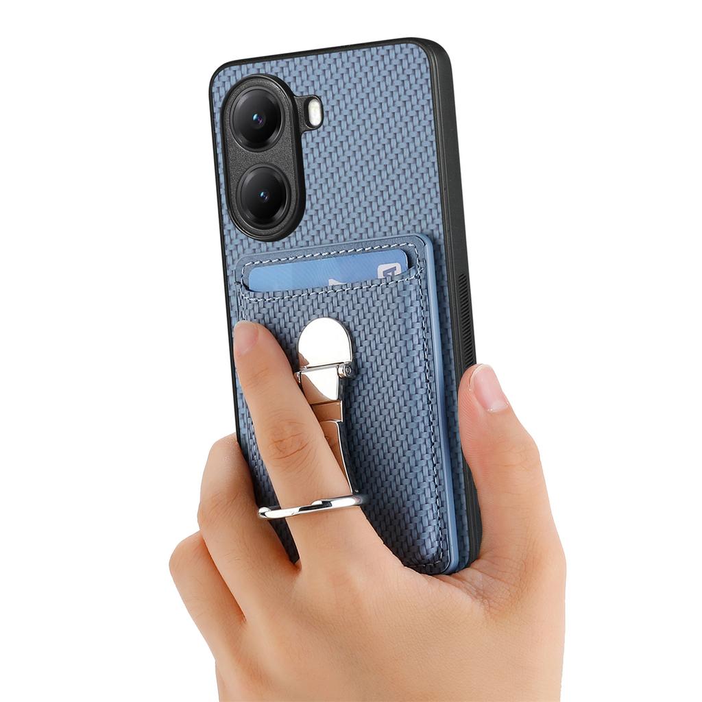 For Xiaomi Poco X7 Pro 5G/Xiaomi Redmi Turbo 4 5G Bakdeksel i skinn med støtte og kortlommer Karbonfibermønster