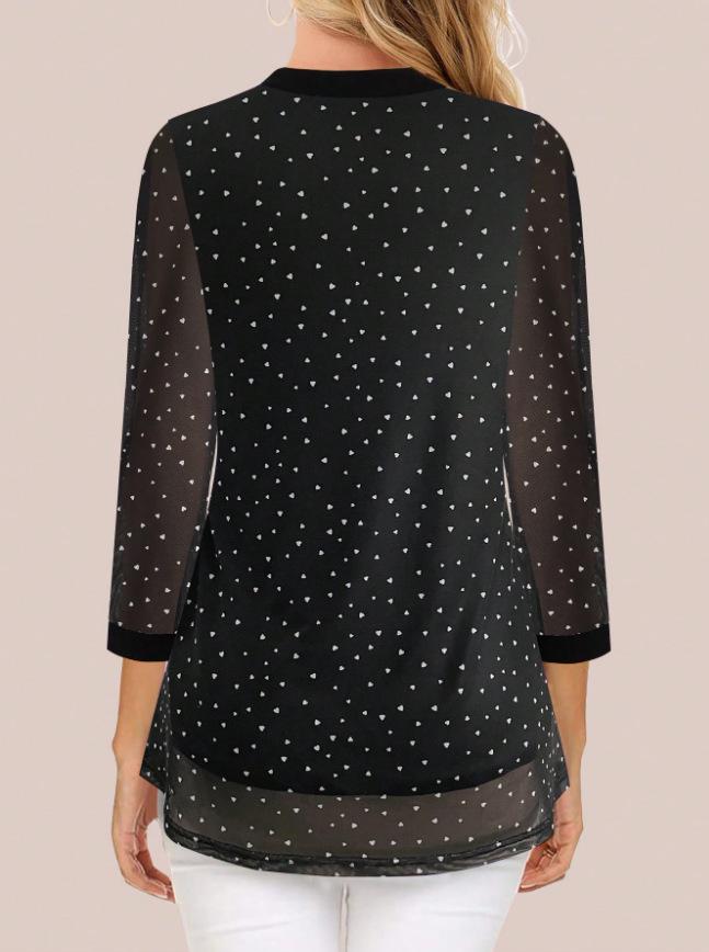 Women's European & American V-neck 3/4 Sleeve Printed Chiffon Loose Plus Size Top