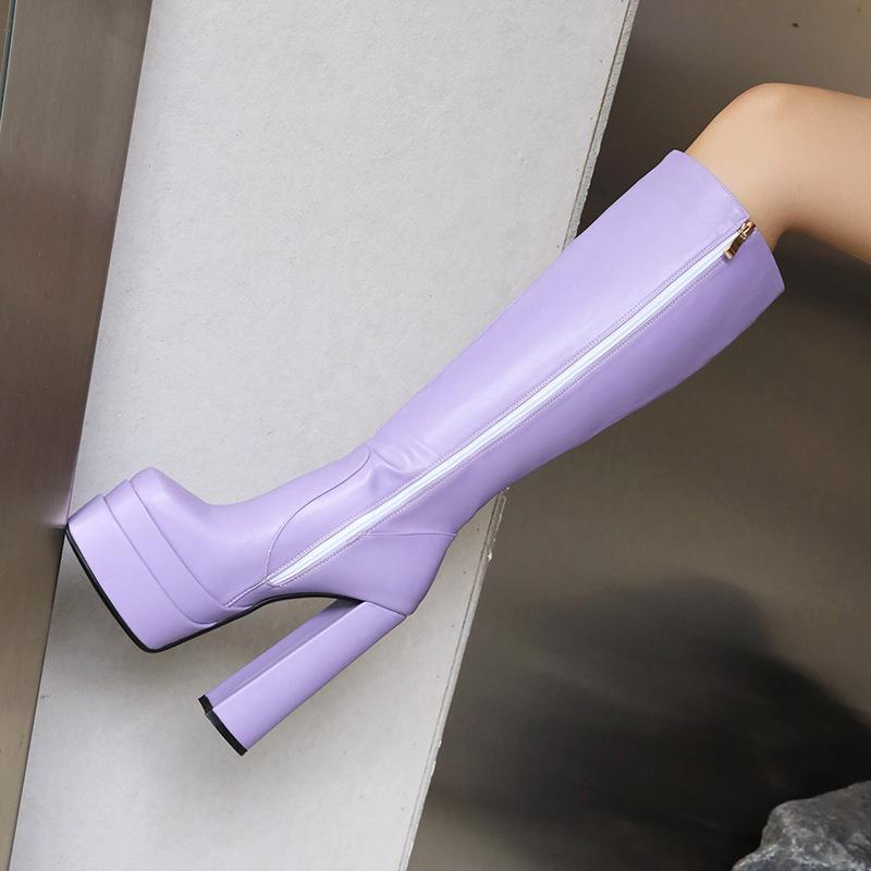 2026 Spring/Autumn New Coarse Heel Side Zipper High Wall Boots Waterproof Platform Purple Long Wall Boots Large Women's Shoes
