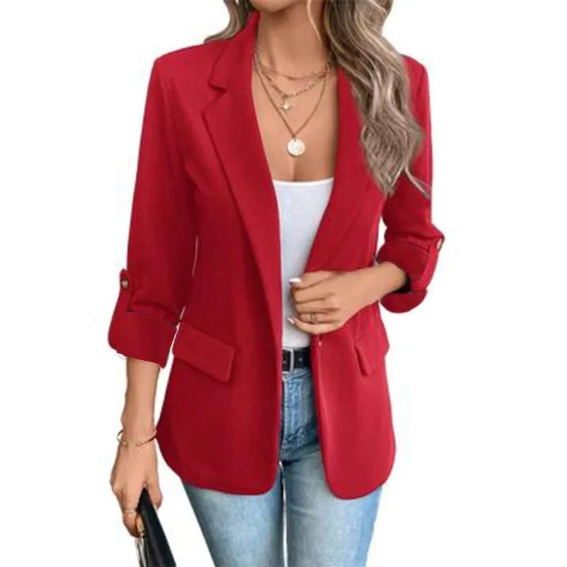 Women's Minimalist Solid Button Lapel Collar Blazer Commuter Long Sleeve Coat Cardigan Elegant Solid Casual Tailored Suit Tops