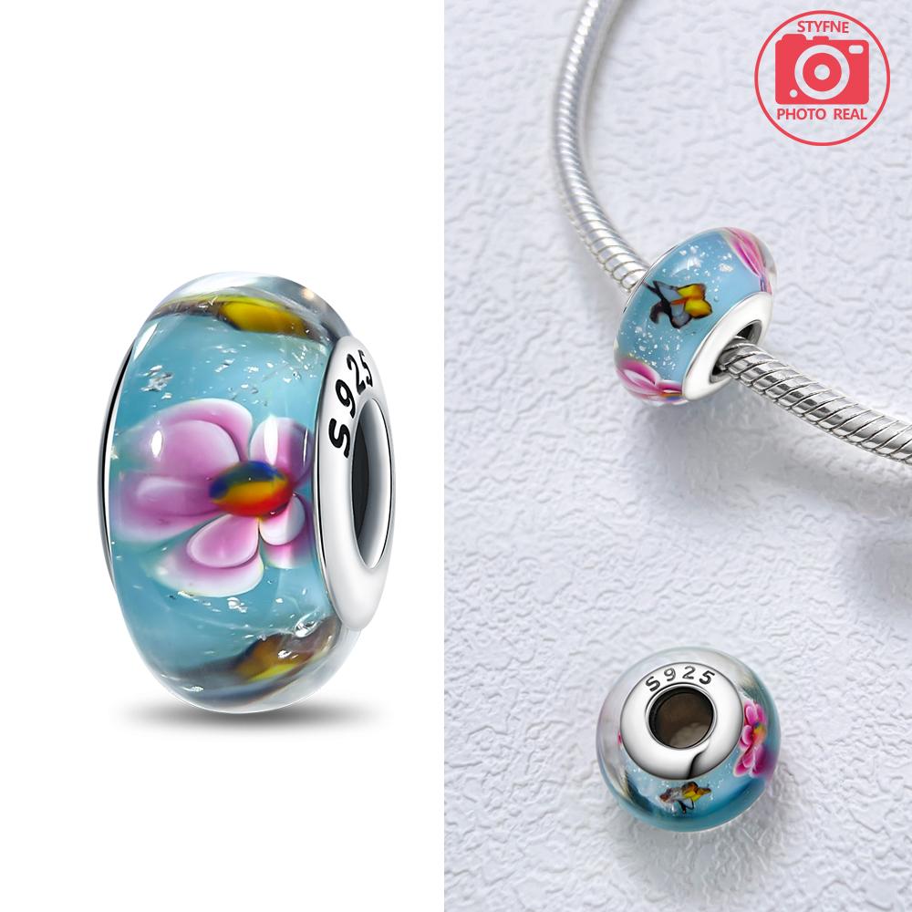 Pink Flowers Murano Original Glass Beads Copper Colors For Charms Copper Colors Original Bracelet For Jewelry Making
