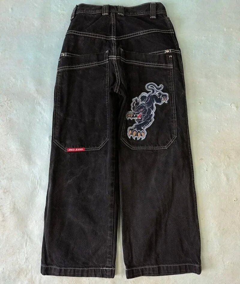Streetwear JNCO jeans Y2K hip-hop cartoon pattern loose black pants men's and women's wide-leg pants wholesale