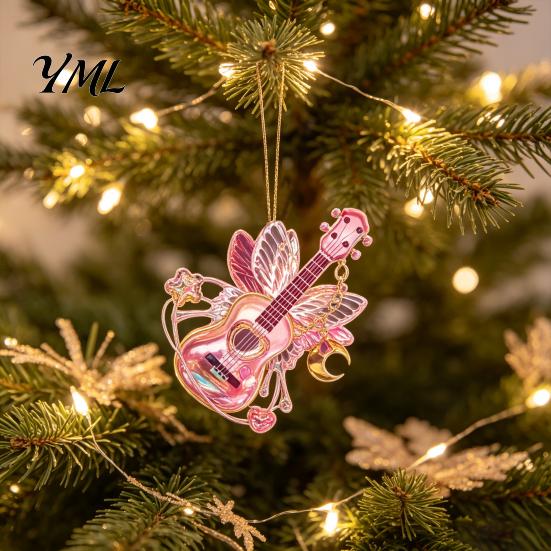 Music Themed Christmas Decorations Pink Guitar Butterfly Ornament, Acrylic Hanging Decor with Rose Festival Decorative Ornaments And Quote,