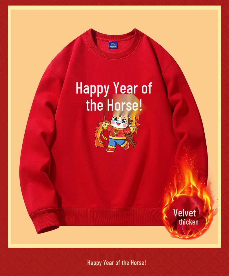 2026 Year of the Horse Red Zodiac Hoodie Fleece-Lined Loose Fit Long Sleeve Men's Clothing