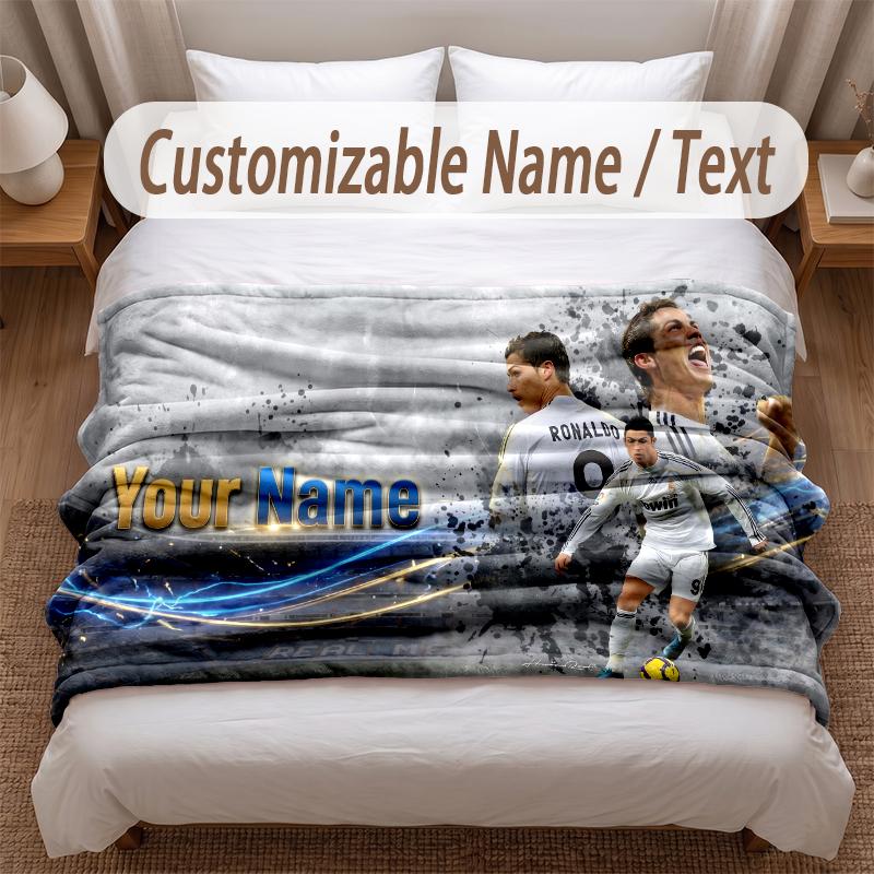 Cristiano Ronaldo Printed Flannel Blanket Custom Name Text Soft Warm Throw For Bedroom Holiday Gift