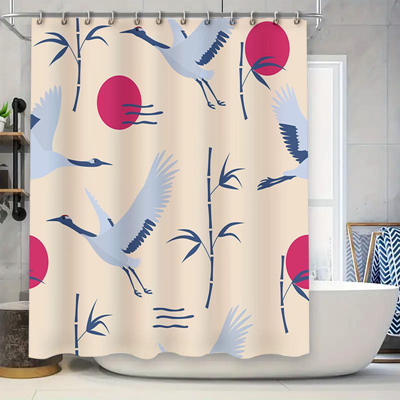 

Modern Bath Curtains With Geometric Print Design: Blue Birds On Beige Background Waterproof Shower Curtain For Bathroom Decor. W60H190(CM)-1 Pcs