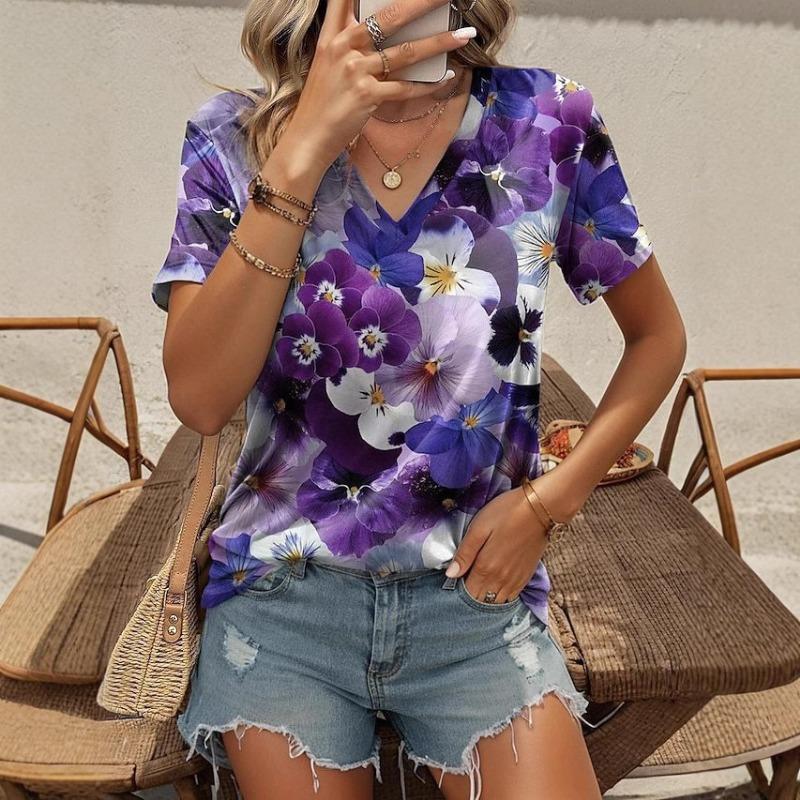 Women's V-neck Loose Top with Floral Print Temperament Commuting Short Sleeved T-shirt