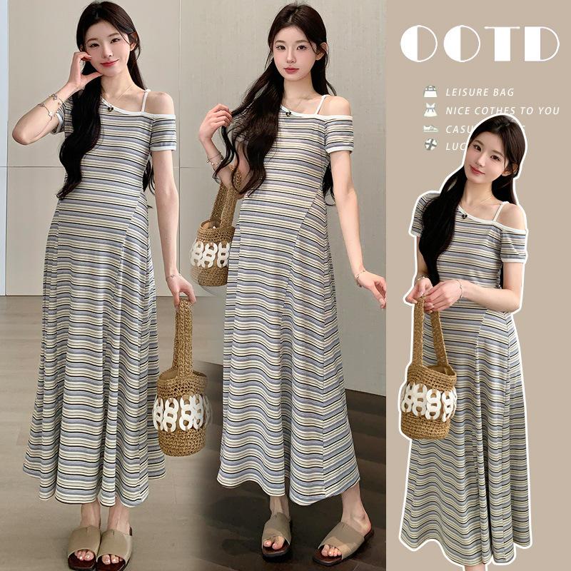 2026 Summer Korean Style Colorful Striped One-Shoulder Slimming Dress L