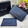 Used Beautiful Condition PRADA Bi-fold Wallet, Saffiano, Navy, Gold Logo, with Pass Case