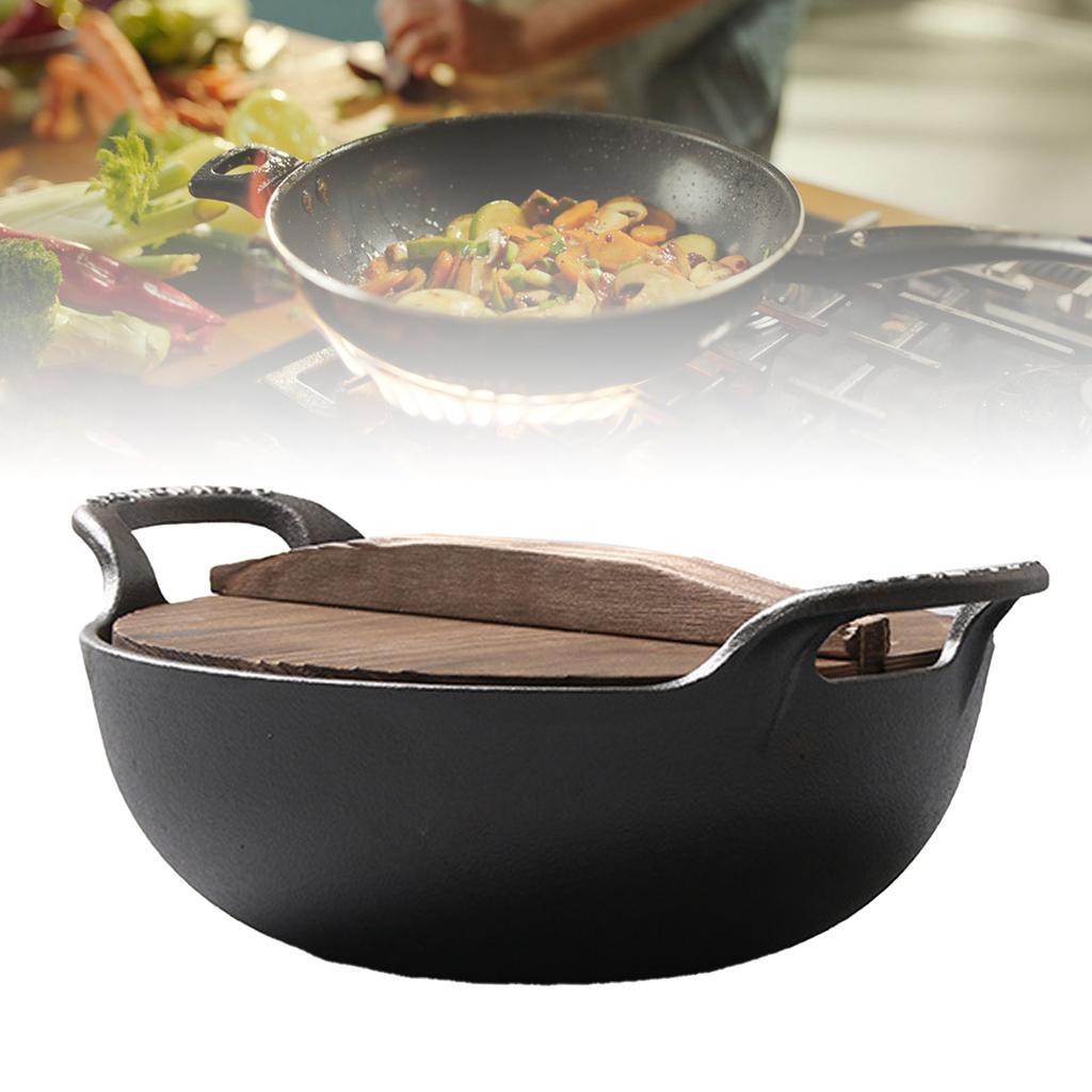 Cast Iron Wok Uncoated Anti Stick Dual Handle Stir Fry Pan with Wood Lid for Induction Cooktop