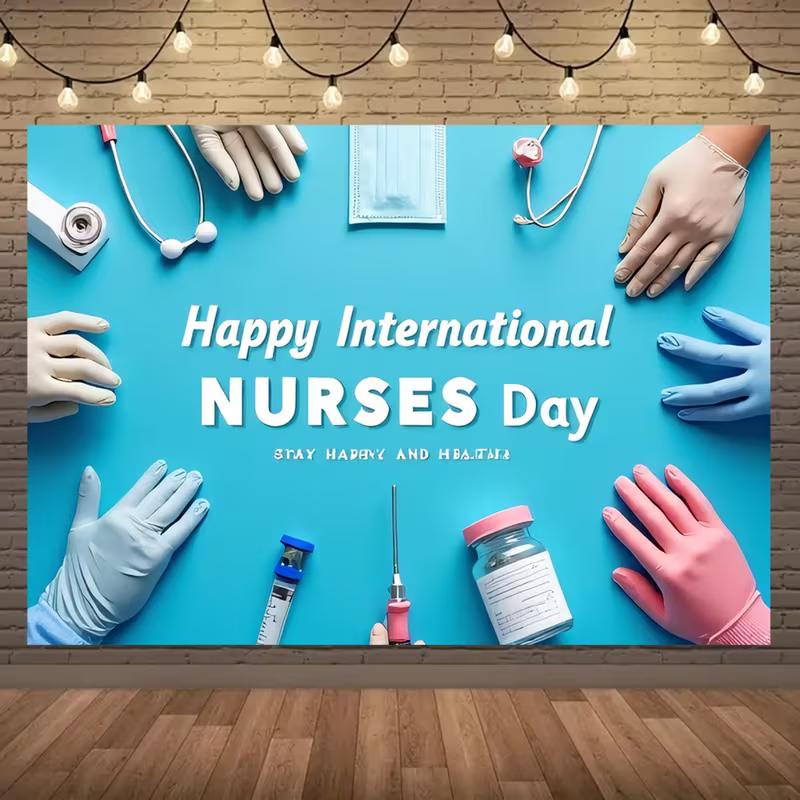 

2D Medical Nurses Celebration Backdrop, 2D Flat Blue Medical Tools Background for Nurses Appreciation Decoration 47.2x31.5inch/120*80cm