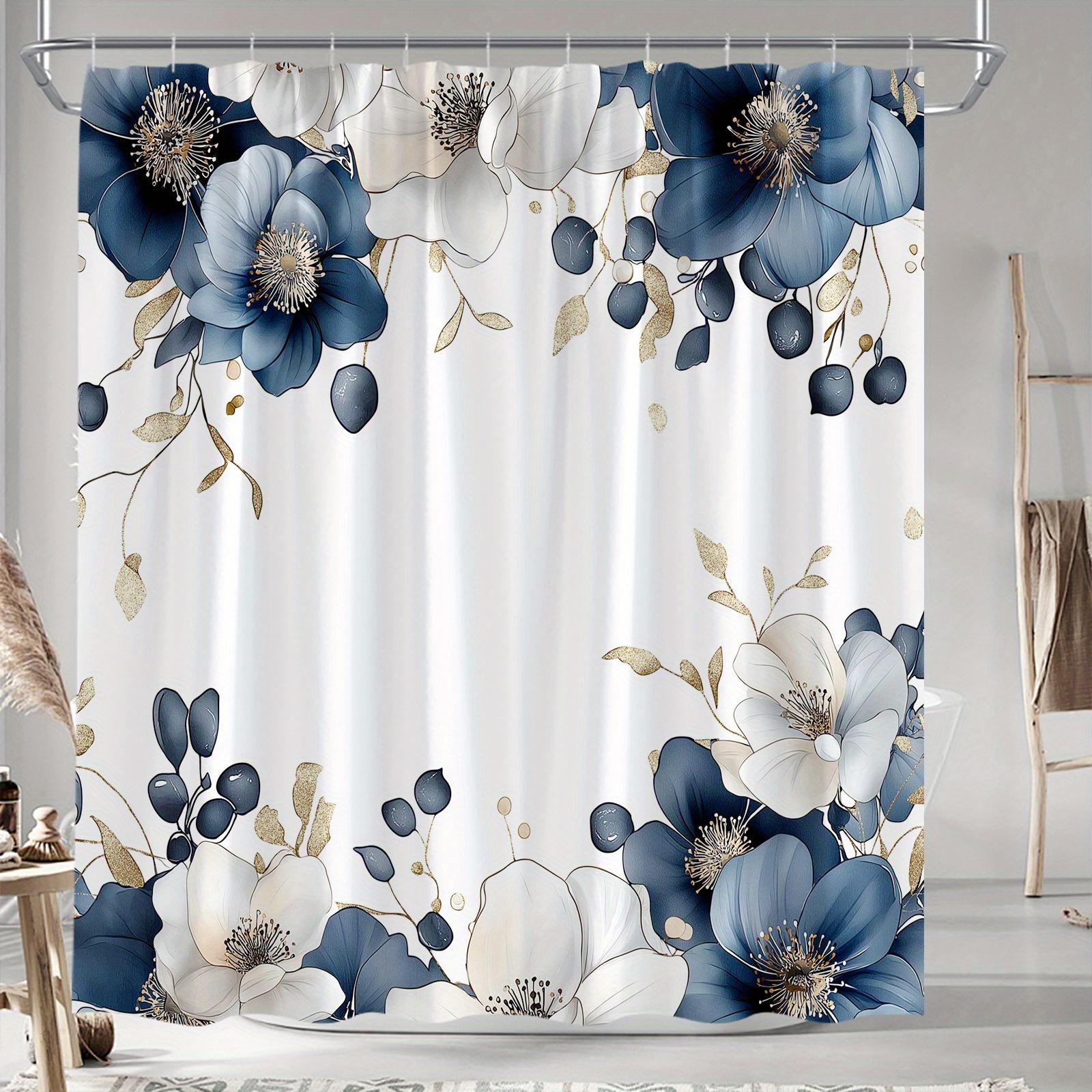 Elegant Floral Border Shower Curtain - Blue, White & Gold on White, 70x70 W90XH180cm