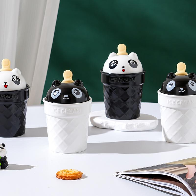 Bear with Lid Spoon Cartoon Cute Set Ceramic Cup Ice Cream Creative Personality Mug Home Couple Cup