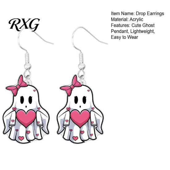 Cute Halloween Jewelry Pink Heart Ghost Earrings, with Bow Drop Earrings Lightweight Acrylic for Girls Women