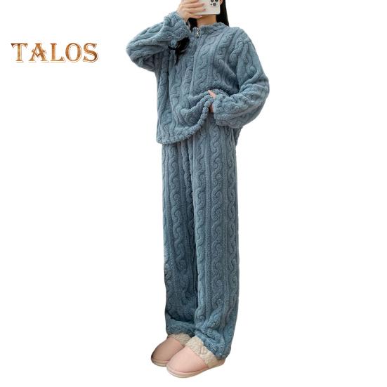 2-teiliges Winter-Pyjama-Set für Unisex, Stehkragen, einfarbig, Reißverschluss, verdicktes Korallenvlies, Homewear, Mantel, Hosen-Set, lockere Loungewear, Nachtwäsche