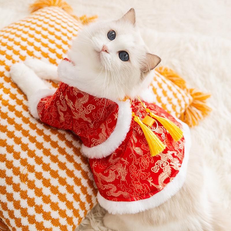 Winter Neujahrs Kätzchen Kleidung Neujahrsfeier Neujahrskleidung Herbst und Winter Warmes Haustier Ragdoll Katze Tang Kleidung Katzenkleidung