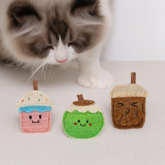 Natürliches Luffa Katzenspielzeug Milchshake-Tassenförmiges Kauspielzeug mit Silberweiden-Strohhalm Sicheres Beißspielzeug für Katzen Kätzchen Zahnpflege