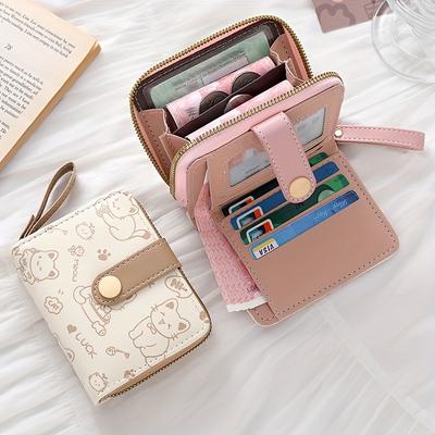 Portafoglio da Donna Orsetto Carino Stampato, Originale Minimalista Stile Giapponese Pieghevole a Tre Ante Chiusura a Bottone Portamonete Corto da Donna per Studenti Clutch