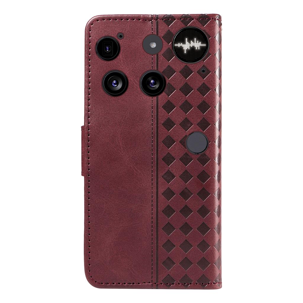 For Nothing Phone (3) 5G Leather Case Wallet Stand Grids Imprinted Phone Cover with Strap -  Wine Red