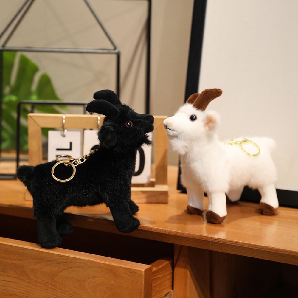 8 Inch Black Goat Plush Keychain Toys Realistic Stuffed Animal White Goat Key Ring Holder Soft Dolls Functional Gifts For Friend
