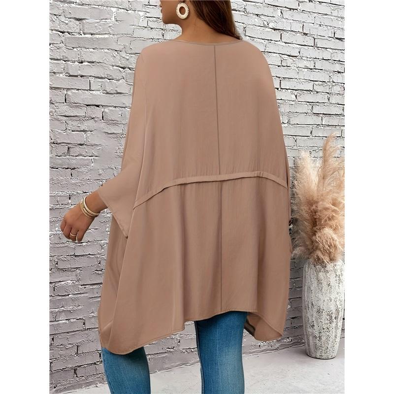 New Plus Size Women's Seven Quarter Sleeve Round Neck Top Made Of Polyester High Elasticity Loose Irregular T-shirt