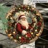 2D Flat, 1pc Round Aluminum Hanging Sign, Farmhouse Santa Claus and Reindeer Wreath Center Sign - Cactus and Red Berry Design, Multi-functional Metal