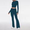 Damen Freizeit Zweiteiler Set Langarm Rundhals Crop Top Hohe Taille Schlaghosen Gestrickt Einfarbig Loungewear Passendes Outfit Set