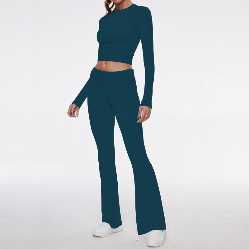 Damen Freizeit Zweiteiler Set Langarm Rundhals Crop Top Hohe Taille Schlaghosen Gestrickt Einfarbig Loungewear Passendes Outfit Set