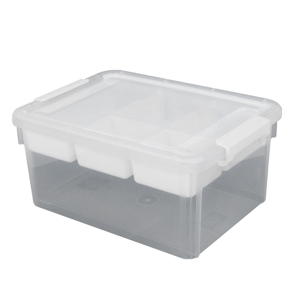 16L Plastic Storage Box Sturdy PP Clear Latching Box with Removable Tray for Toys Organization