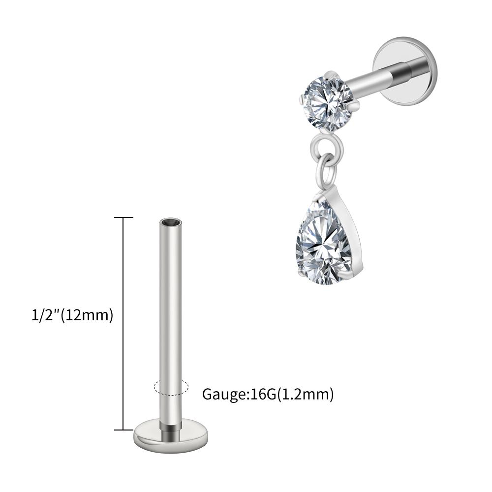 Right Grand ASTM F136 Titanium 16G Teardrop Dangle CZ Labret Stud Waterdrop Tragus Cartilage Earring Flatback Helix Piercing