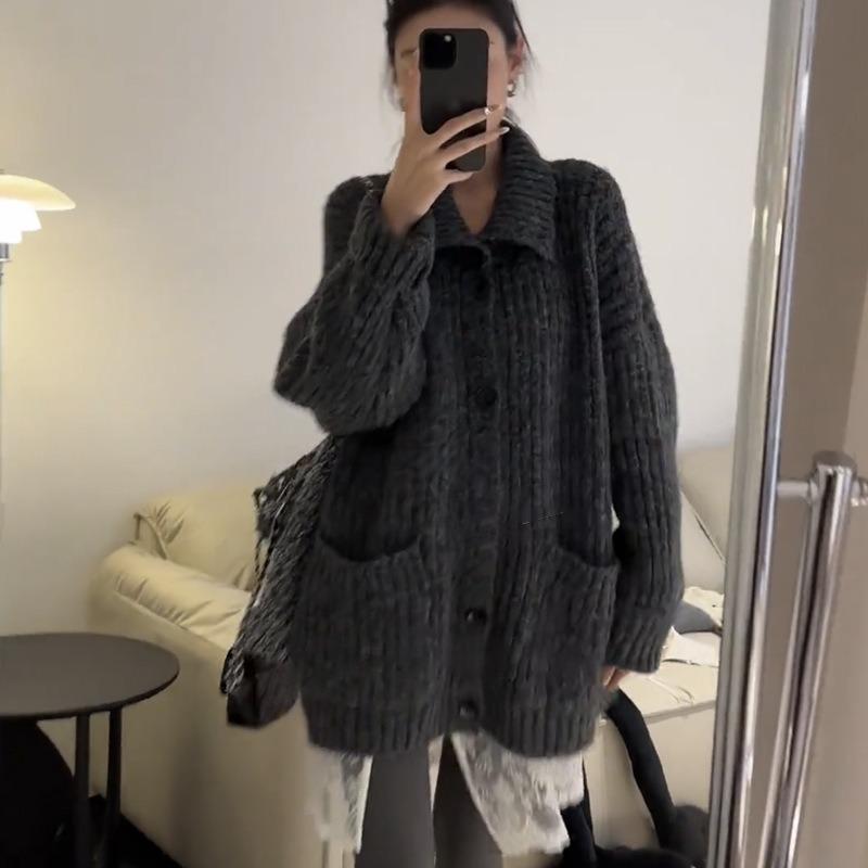 Soft Waxy Wear Loose and Lazy Sweater Jacket Women's Autumn and Winter Lapel Solid Color Knitted Cardigan
