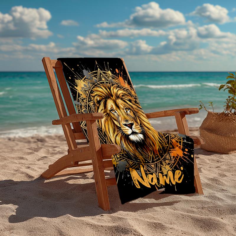 Custom Name Ultra-Soft Beach Towel with Lion Theme,Ideal for Pool - Camping, Diving - Perfect Travel Essential, Vibrant Beach Towel.