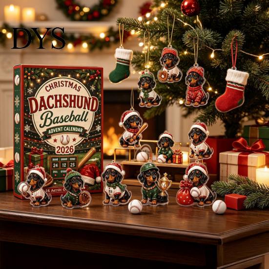 Cute Animal Hanging Pendant 2026 Dachshund Advent Calendar, 24 Days Acrylic Baseball Dog Figures Ornaments for Tree Christmas Countdown Collectible
