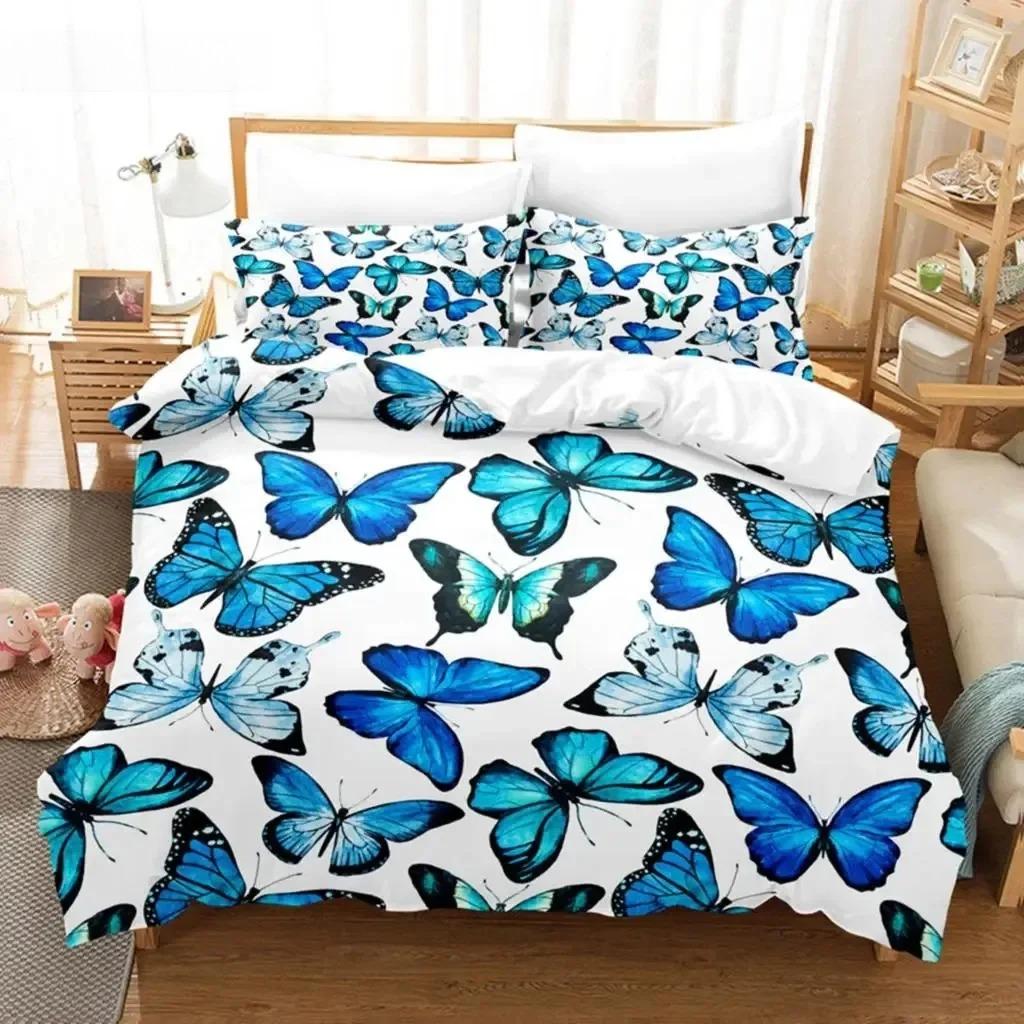 Blue Butterfly Duvet Cover Set King Size 220x240 Double Bed Single 3D Queen Bedding Sets Pink Full Twin Quilt Linen Pillowcase