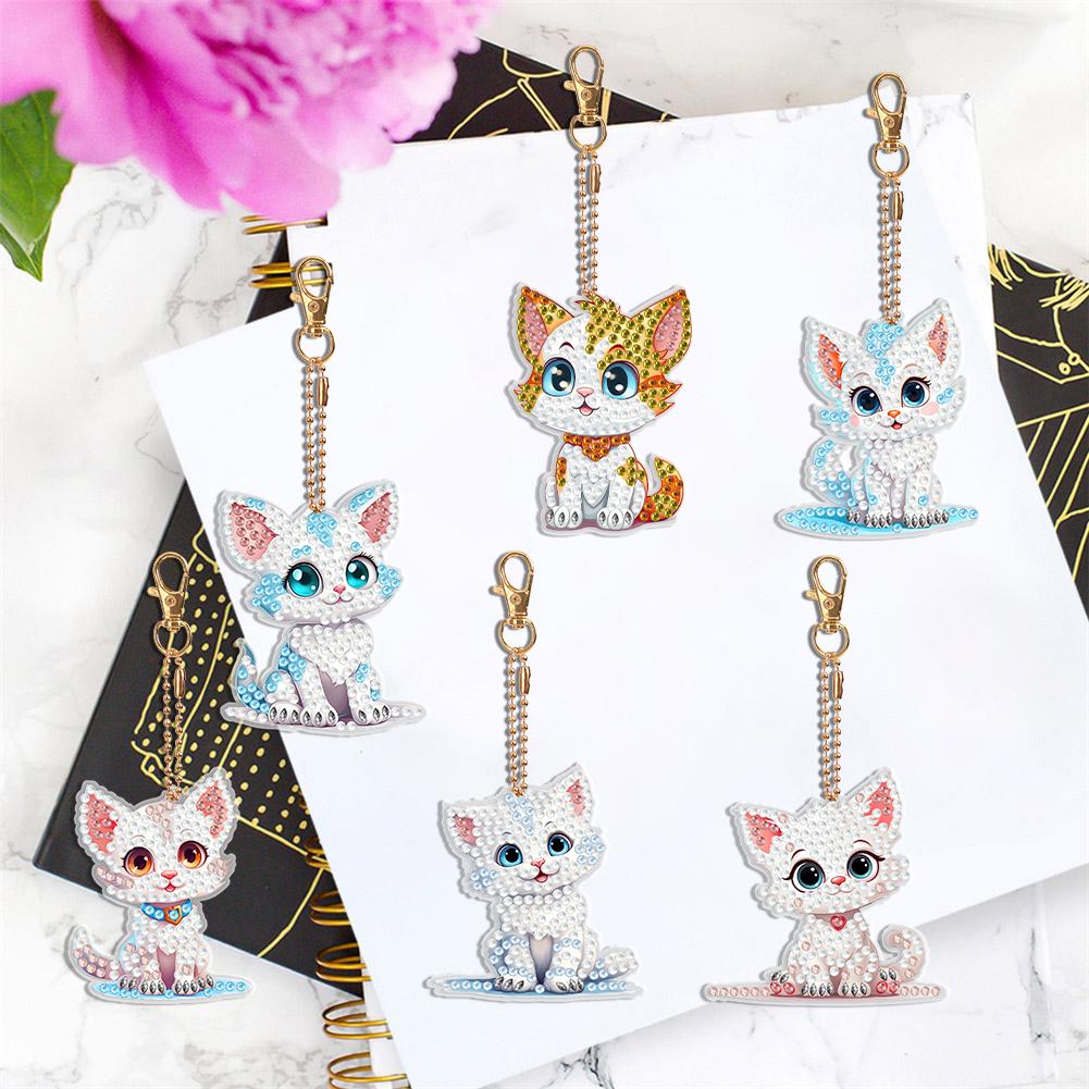 5/6/7PCS Rhinestone Painting Keychain Pendant Diamond Art Keyring Rose Grey Dragon Cute Kitten Envelope Flowers Mandala
