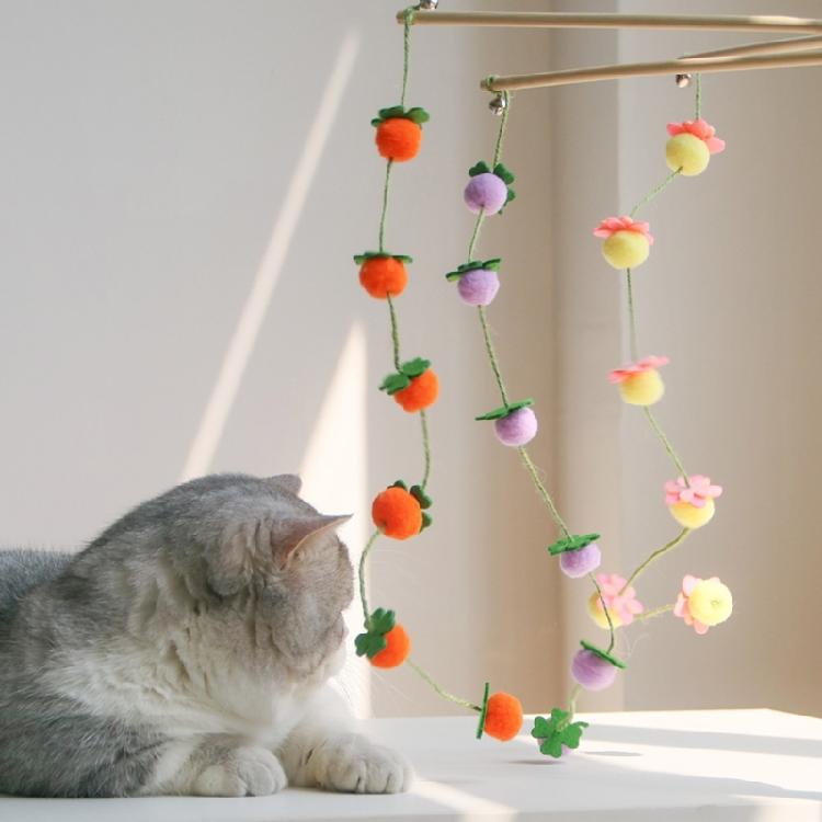 Boredom Cats Chasing Toy with Felt Fruit Ball And Natural Rope Teaser Wand Enrichment Toy For Climbing Hunting Activity
