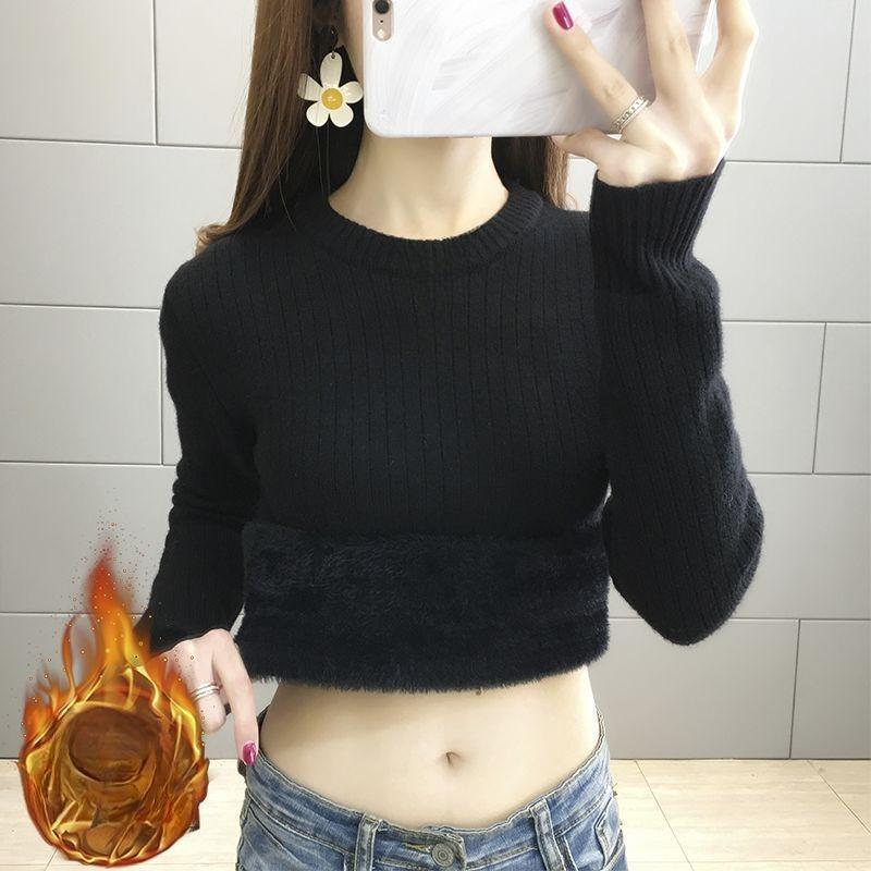 Women Elegant Thicken Velvet Lined Sweater Winter Warm Sueter Fleece Knitted Pullover Slim Round Neck Knitwear